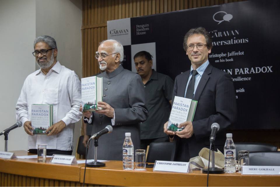 "The Pakistan Paradox" at the IIC, Delhi, with Vice President of India Mohammad Hamid Ansari (center), the journalist and academic Raja Mohan (left) and the author (right)