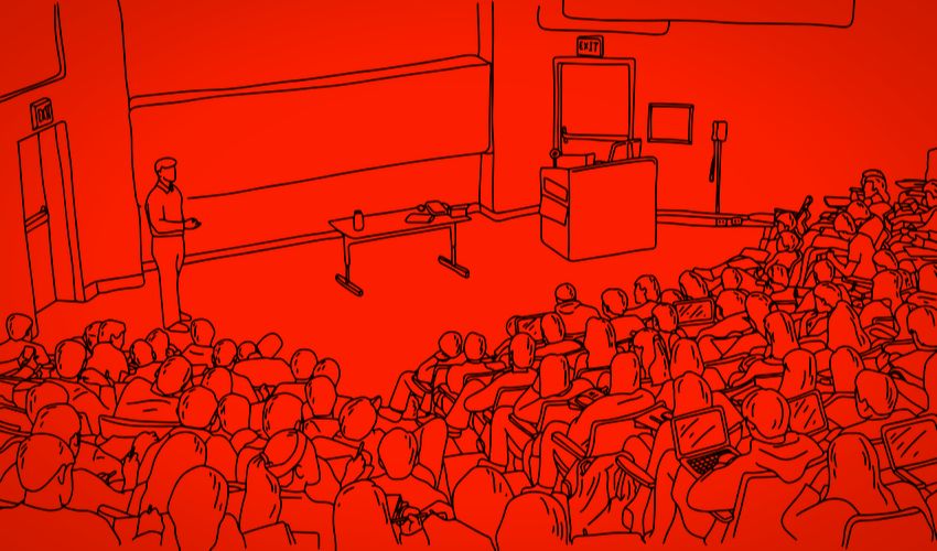 Drawing of lecturer before students in an amphitheatre