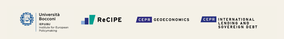 Logos of conference partners (Bocconi, RECIPE, CEPR RPN Geoeconomics, CEPR RPN International lending and sovereign debt