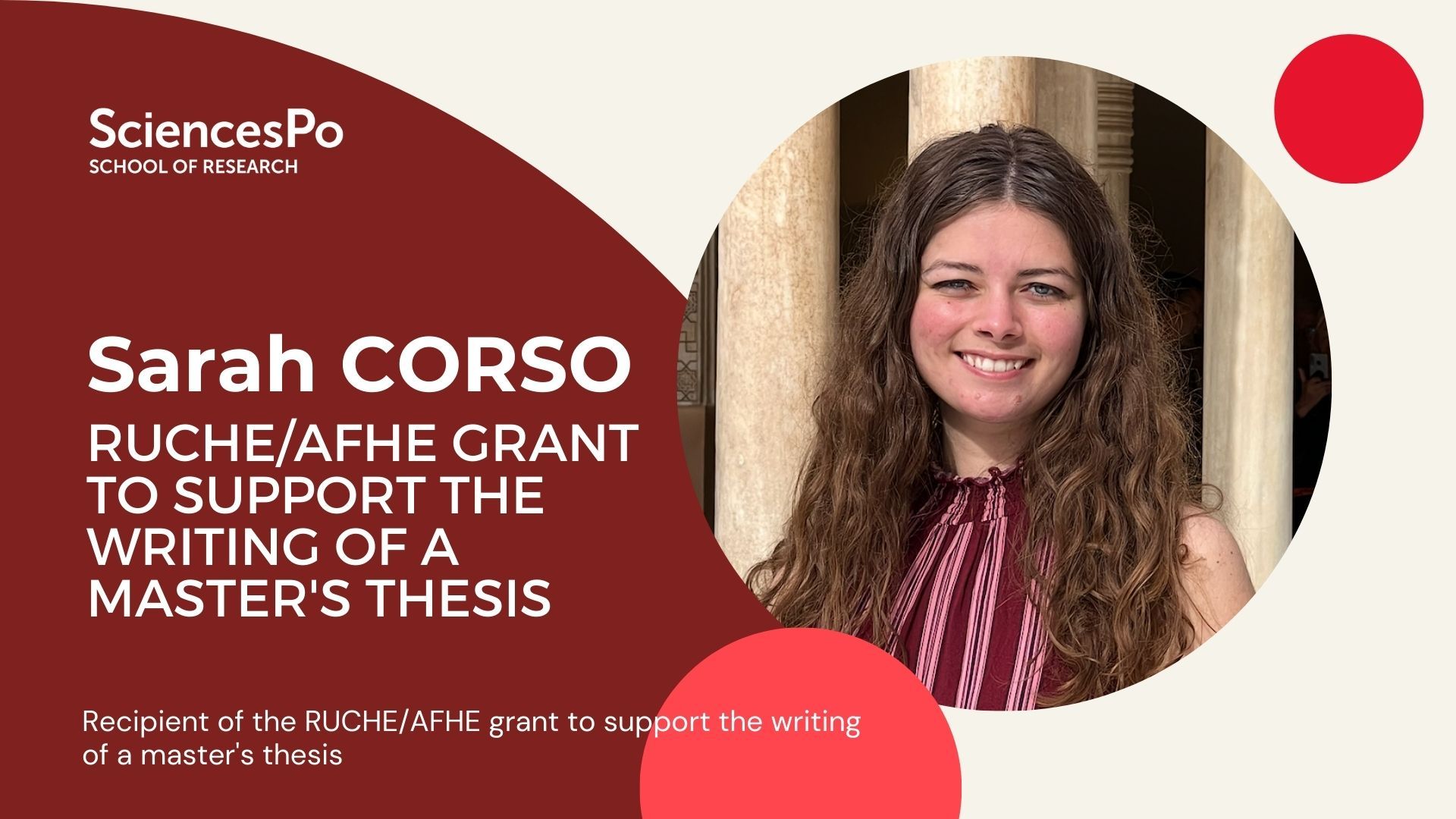 Sarah Corso, winner of the RUCHE/AFHE grant to support the writing of a master's thesis