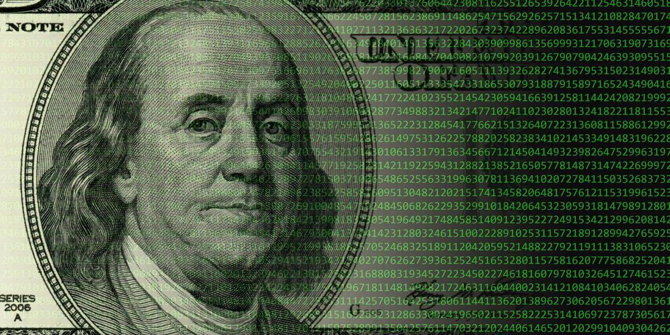 One dollar USA bill with an overlay of computer code