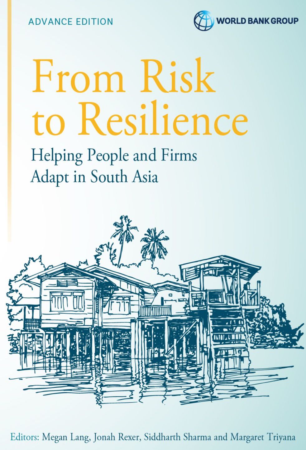 Book cover of World Bank report From Risk to Resilience with ink drawing of houses on stilts over water