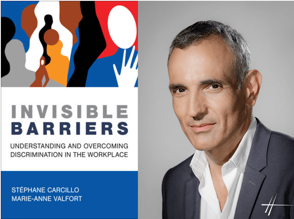 'Invisible Barriers' book cover by MIT Press and portrait of Stéphane Carcillo