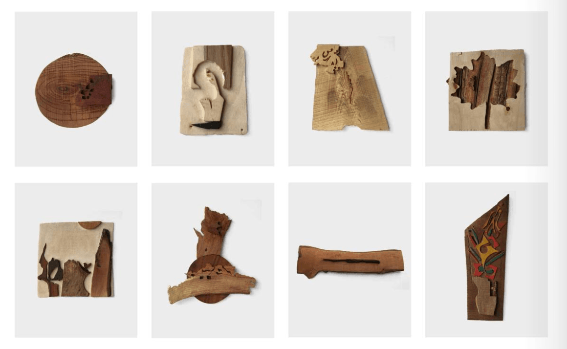 Collages created from scraps of wood and leather