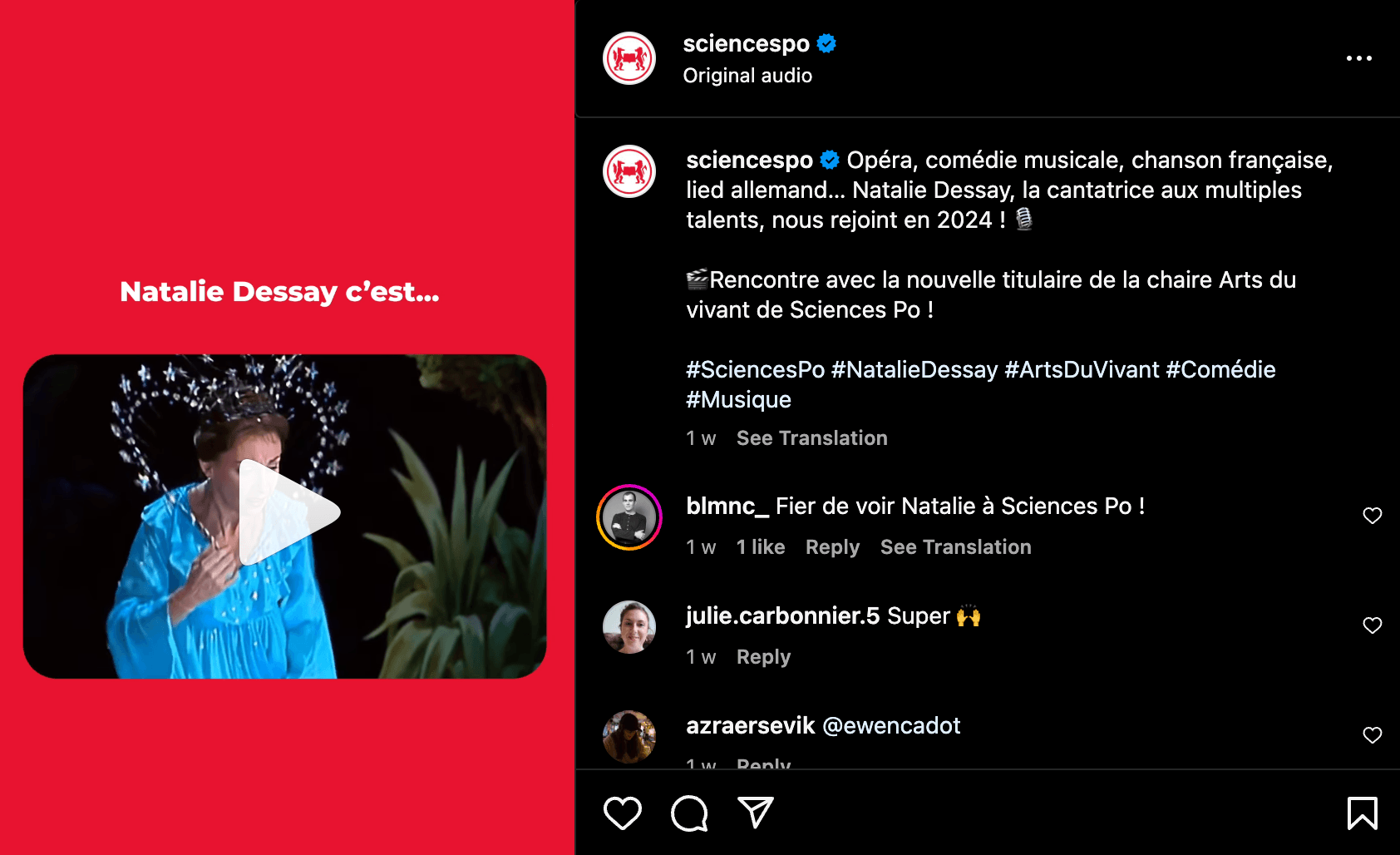 Vidéo sur Instagram - rencontre avec Natalie Dessay
