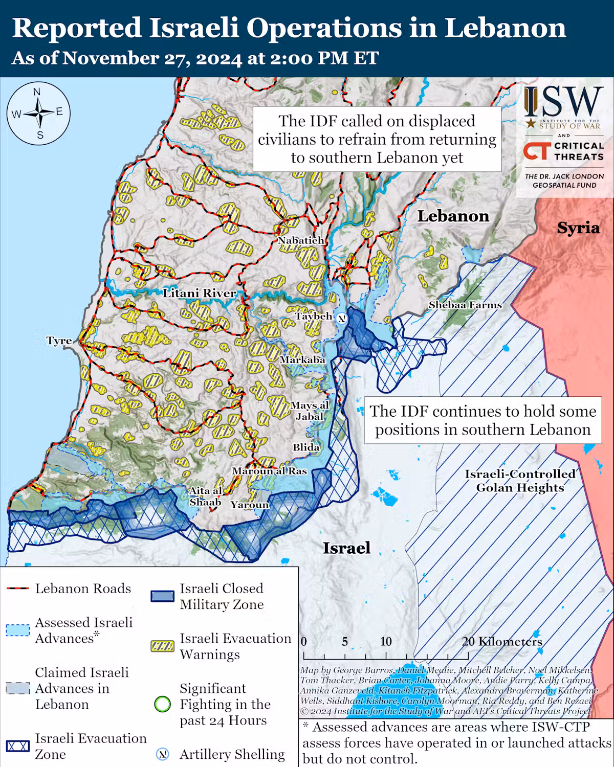 A map of the reported Israeli operations in Lebanon as of November 27, 2024.