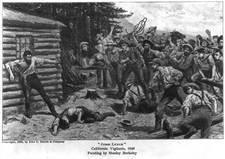 « Judge Lynch ». Peinture dépeignant le lynchage d'un marin accusé de vol par un groupe de vigilantes californiens en 1848 (Stanley Berkeley, 1905).