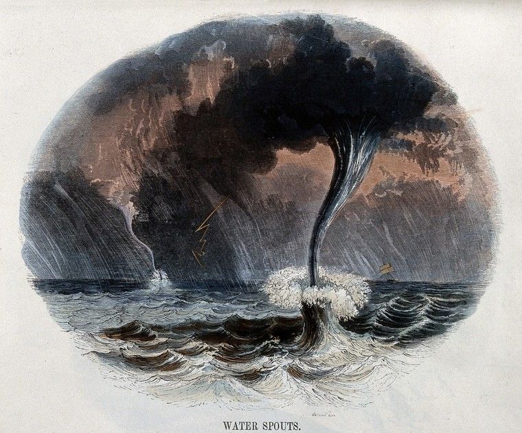 Geography: water spouts at sea, with rain. Coloured wood engraving by C. Whymper. (crédits : Geography: water spouts at sea, with rain. Coloured wood engraving by C. Whymper. Wellcome Collection. Source: Wellcome Collection. - Public Domain Mark)