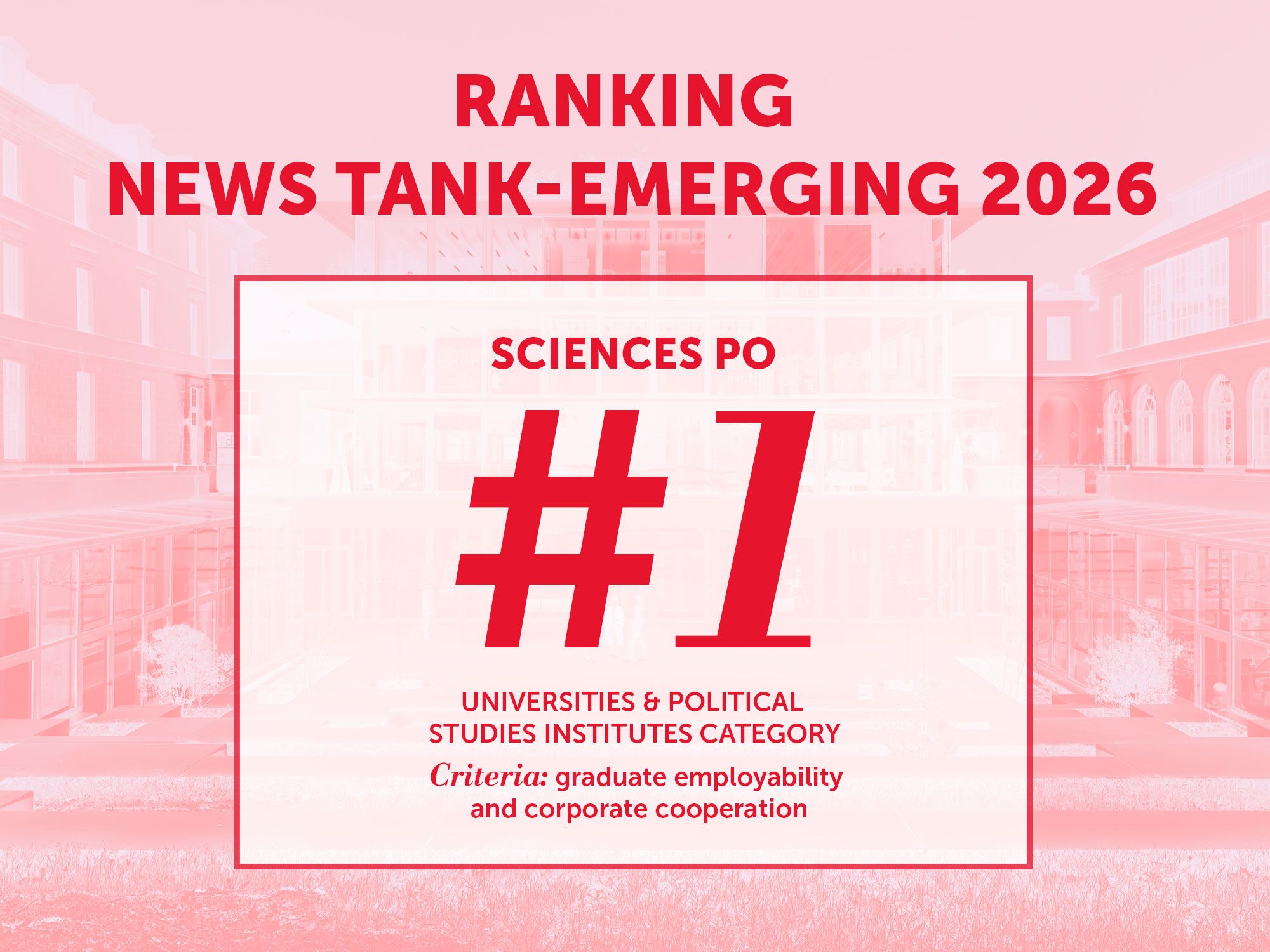 Ranking News Tank-Emerging 2026, Sciences Po #1, Universities & Political Studies Institutes Category, Criteria: graduate employability and corporate cooperation.