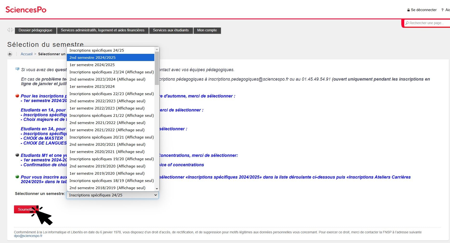 Student account, semester selection