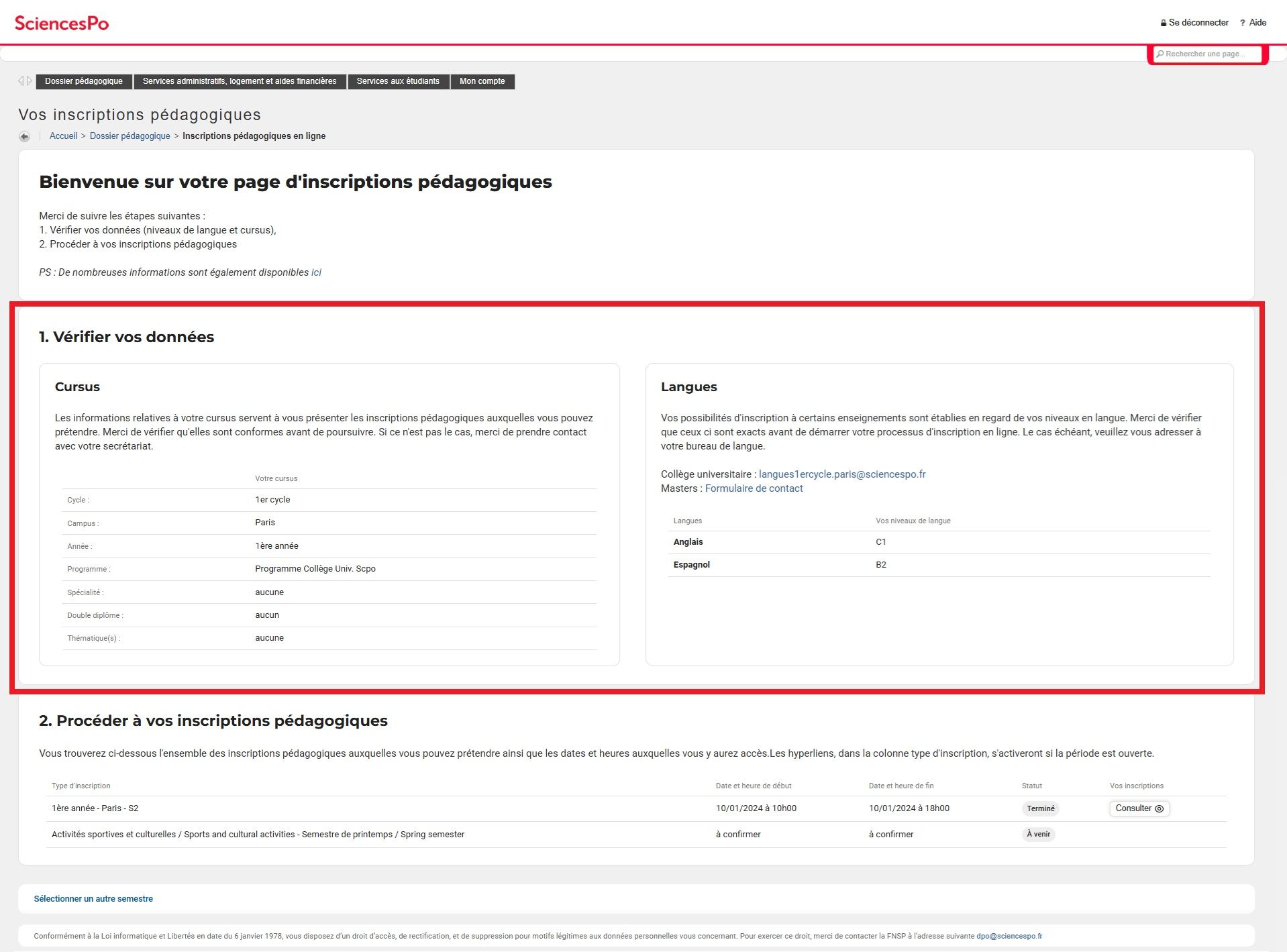 Student account, course registrations page : check your details