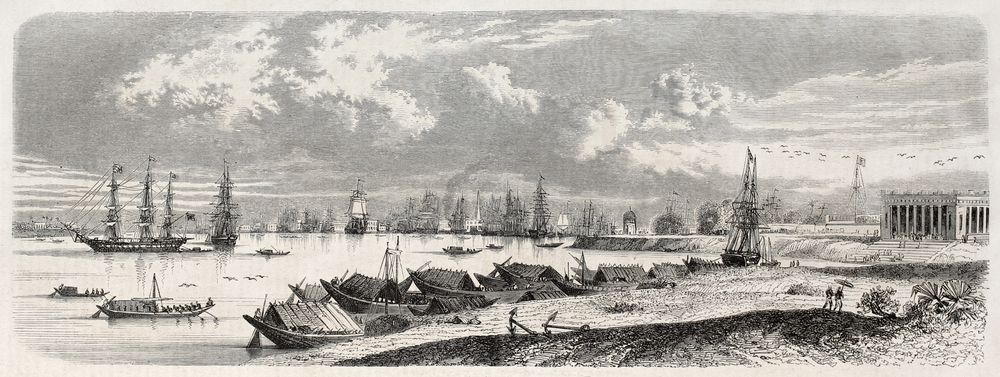 Ancienne vue de la baie de Bombay, créée par Chambeyron, publié sur L'Illustration journal universel, Paris, 1857.