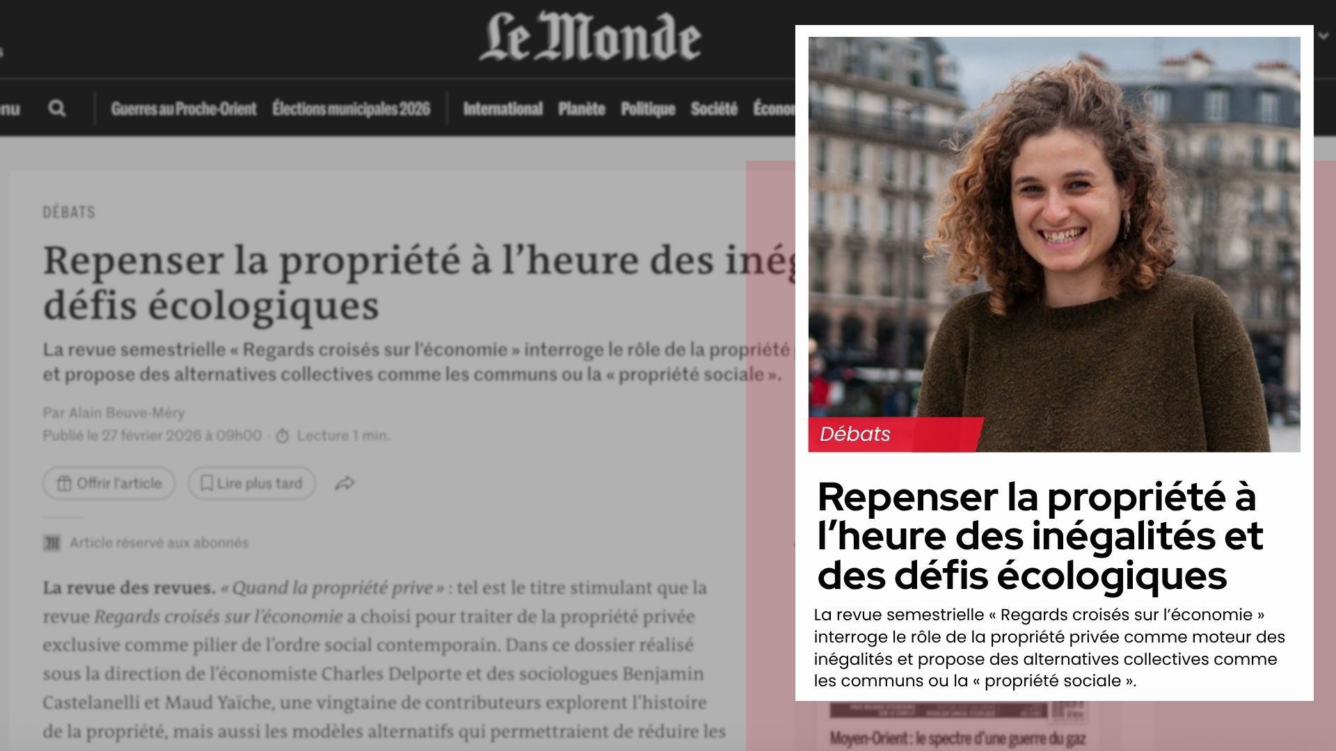 Maud Yaïche citée dans Le Monde pour sa coordination et sa participation au numéro « Quand la propriété privée » de la revue Regards croisés sur l’économie