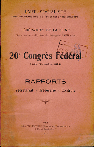 Parti Socialiste - Fédération de la Seine. 20e Congrès Fédéral 