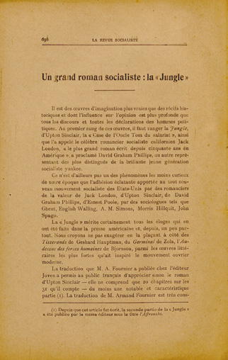 Jean Longuet. “Un grand roman socialiste : La “Jungle”. La revue socialiste,  n° 264 tome 44, décembre 1906, p. 696-705