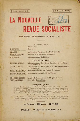 Jean Longuet. “L’Internationale Ouvrière Socialiste et son congrès de Marseille” La Nouvelle Revue Socialiste. Première année n°1, 5 décembre 1925, p. 28-55