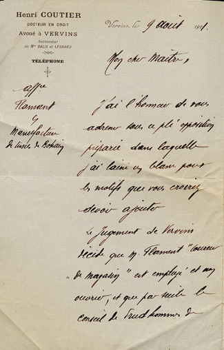 Lettre du 9 août 1911 de Henri Coutier, avoué à Vervins (Aisne) à Jean Longuet, concernant la défense d’un client.