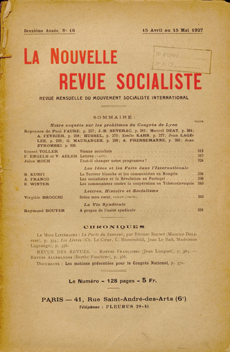 Jean Longuet. “Revue françaises.” La Nouvelle Revue Socialiste. Deuxième année n° 5, 15 avril au 15 mai 1927, p. 364-635