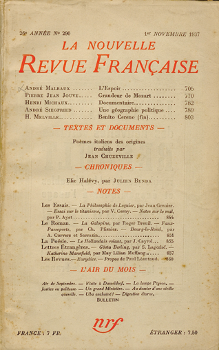 La Nouvelle Revue Française, n° 290, 1er novembre 1937