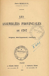 Couverture de l'ouvrage de Pierre Renouvin "Les Assemblées provinciales de 1787"