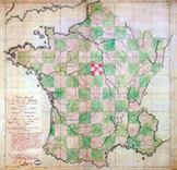 Carte représentant la France divisée en carreaux égaux, les départements