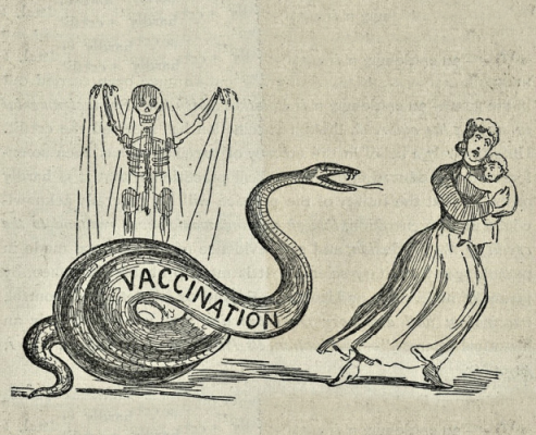 Caricature d'un serpent devant un squelette, effrayant une femme et son enfant