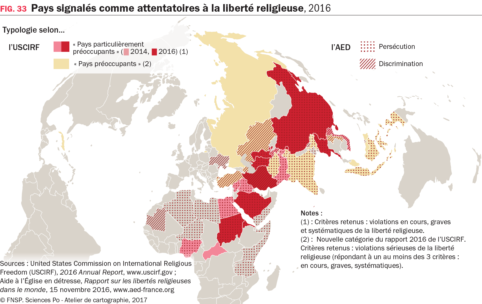 Carte : Pays signalés comme attentatoires à la liberté religieuse, 2016