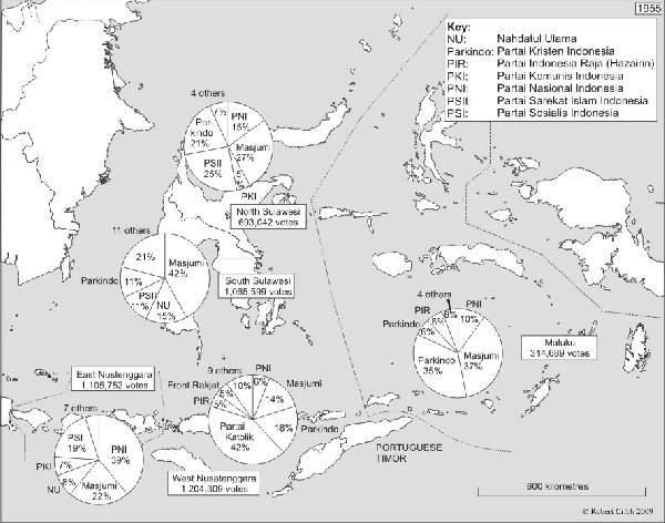 Map showing the results of the 1955 elections, reproduced with permission from Robert Cribb, originally published in Cribb (2000).