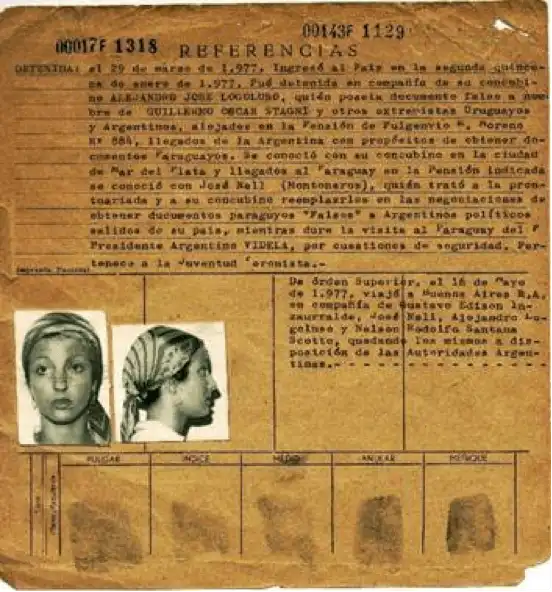Foto de la ficha encontrada en los "Archivos del Terror" de Marta Landli Gil, ciudadana argentina de 22 años quién escapó de la represión refugiándose en Paraguay, con cuatro compañeros más, en donde fueron capturados en 1977.