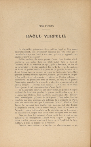  Jean Longuet. “Raoul Verfeuil”. La Nouvelle Revue Socialiste. Deuxième année n°20 15 septembre 1927 au 15 janvier 1928, p. 188-190
