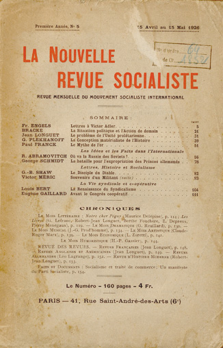 Jean Longuet. “Revue anglaises et américaines.” La Nouvelle Revue Socialiste.  Première année n° 5, 15 avril au 15 mai 1926. p. 148-152