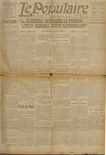 Jean Longuet. “Après l’attentat”. Le populaire. 21 février 1919