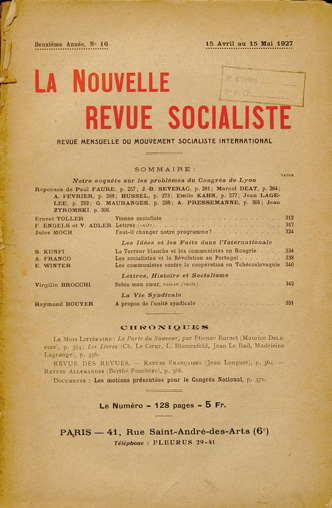 Jean Longuet. “Revue françaises.” La Nouvelle Revue Socialiste. Deuxième année n° 5, 15 avril au 15 mai 1927, p. 364-635