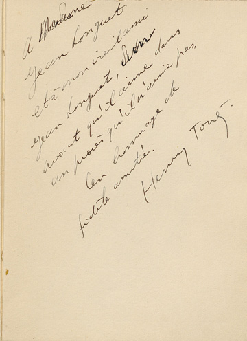 Dédicace de Henry Torrès dans : Henri Béraud, Horace de Carbuccia,. Plaidoirie de Henry Torrès "Au procès "Bonny -Gringoire" précédée de Portrait de Henry Torrès et de la Déclaration faite aux jurés. 