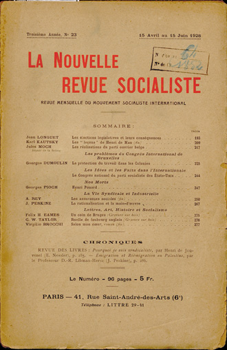 Jean Longuet. “Les élections législatives et leurs conséquences”. La Nouvelle revue socialiste. Troisième année n° 23, 15 avril au 15 juin 1928, p. 193-208