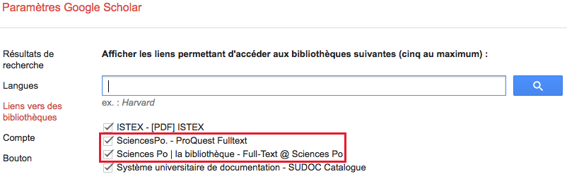 Paramètres Google scholar