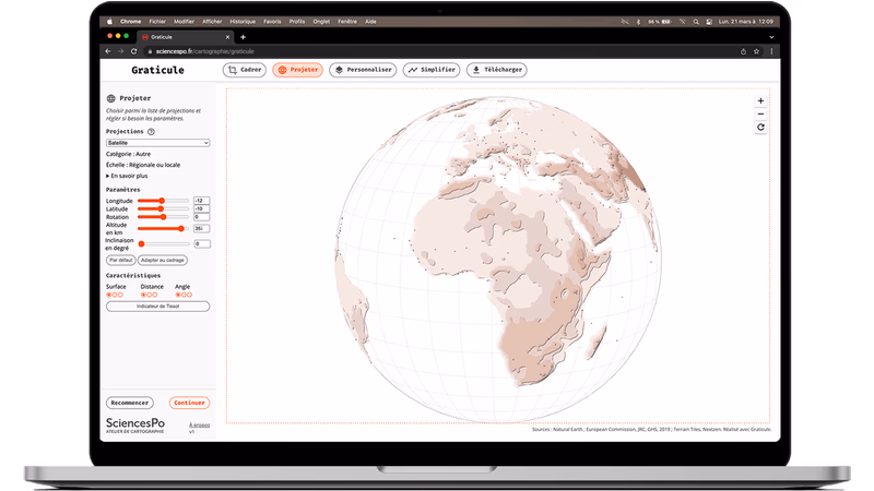 Aperçu animé de Graticule : un globe en projection satellite tourne dans l’interface de l’outil.