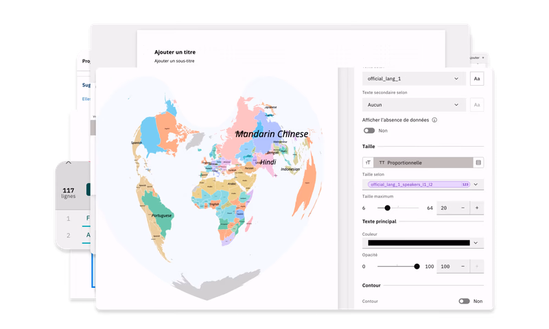 Aperçu animé de l’interface de Khartis : import d’un tableau de données, suggestions de fonds de carte et habillage de la carte finale.