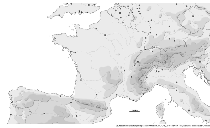 Exemple de fond de carte de la France avec le relief et les grandes villes