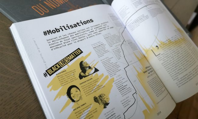 Extrait de la double page « #Mobilisations » issue de l'Atlas du numérique. Photo : © Patrice Mitrano / Sciences Po