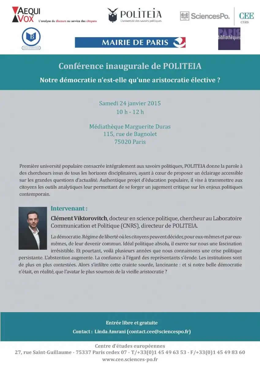 Invitation à la conférence Politeia du 24 janvier 2015