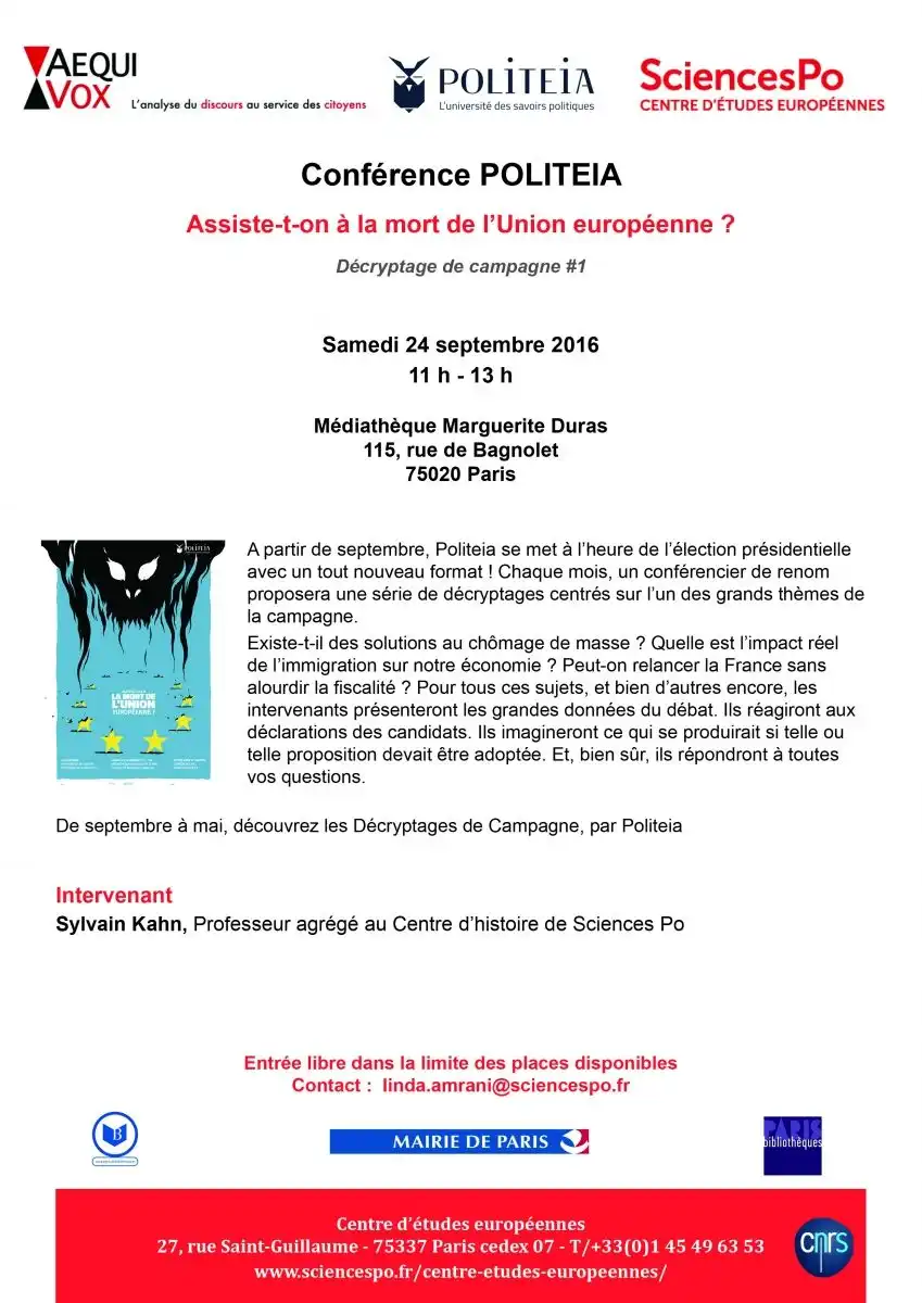 Invitation à la conférence Politeia du 24 septembre 2016