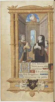 Jehan Ango, his wife and daughter praying, miniature du Maître des Heures Ango tirée de son livre d'heures, vers 1514-1515.