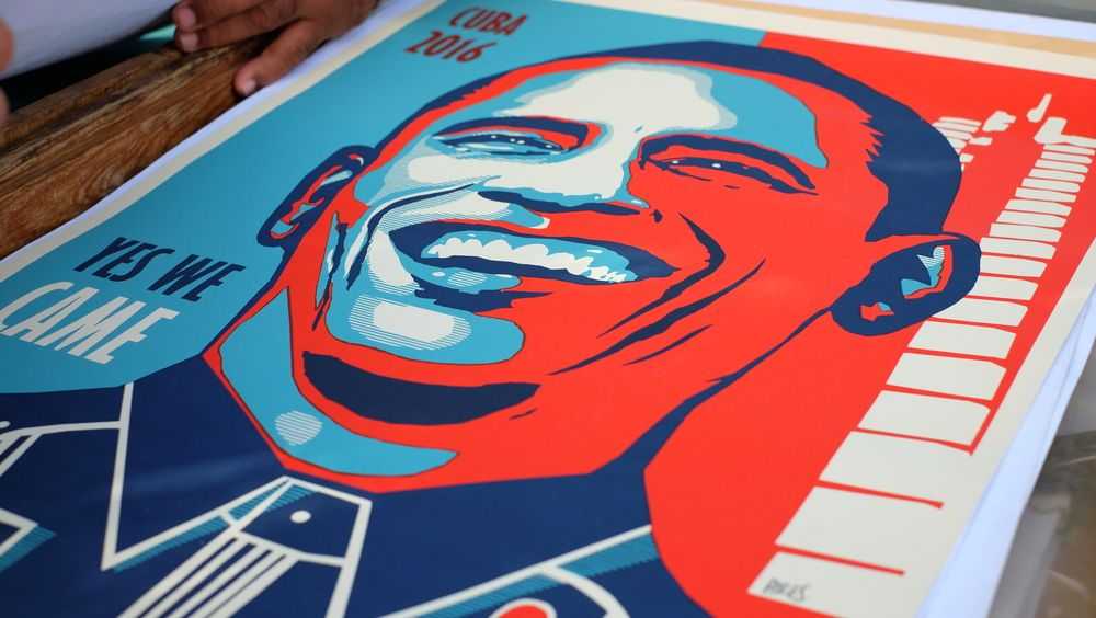 HAVANA CITY, CUBA - NOVEMBER 2016: Propaganda posters of president Barack Obama are displayed for sale in flea market in Old Havana area. 