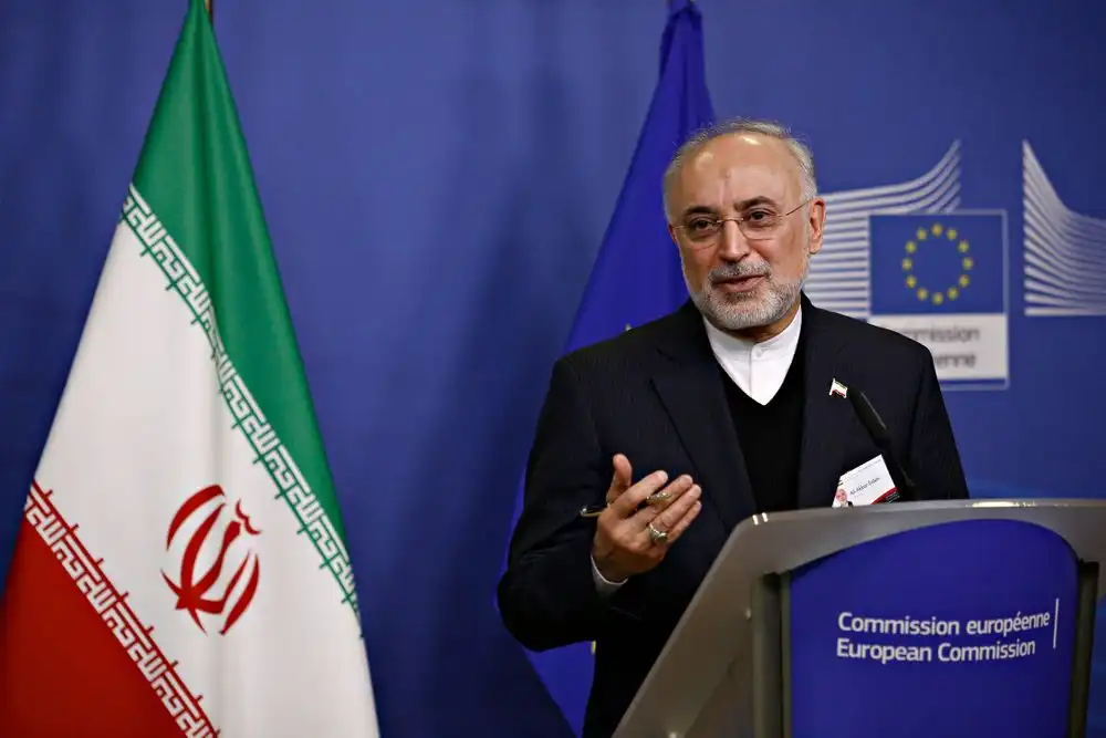 Brussels, Belgium, November 2018. Ali Akbar Salehi, head of the Atomic Energy organisation of Iran during a press conference after the EU Iran high level seminar on nuclear cooperation