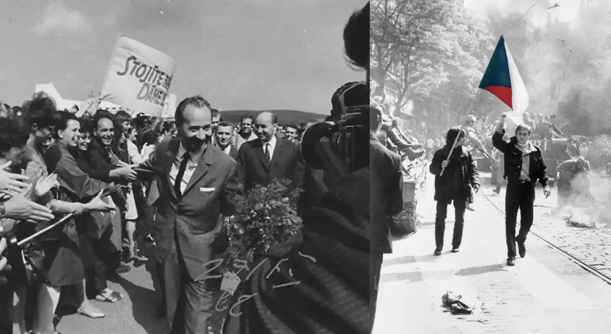 Alexandr Dubcek / Thécoslovaques arborant leur drapeau national, Prague 1968