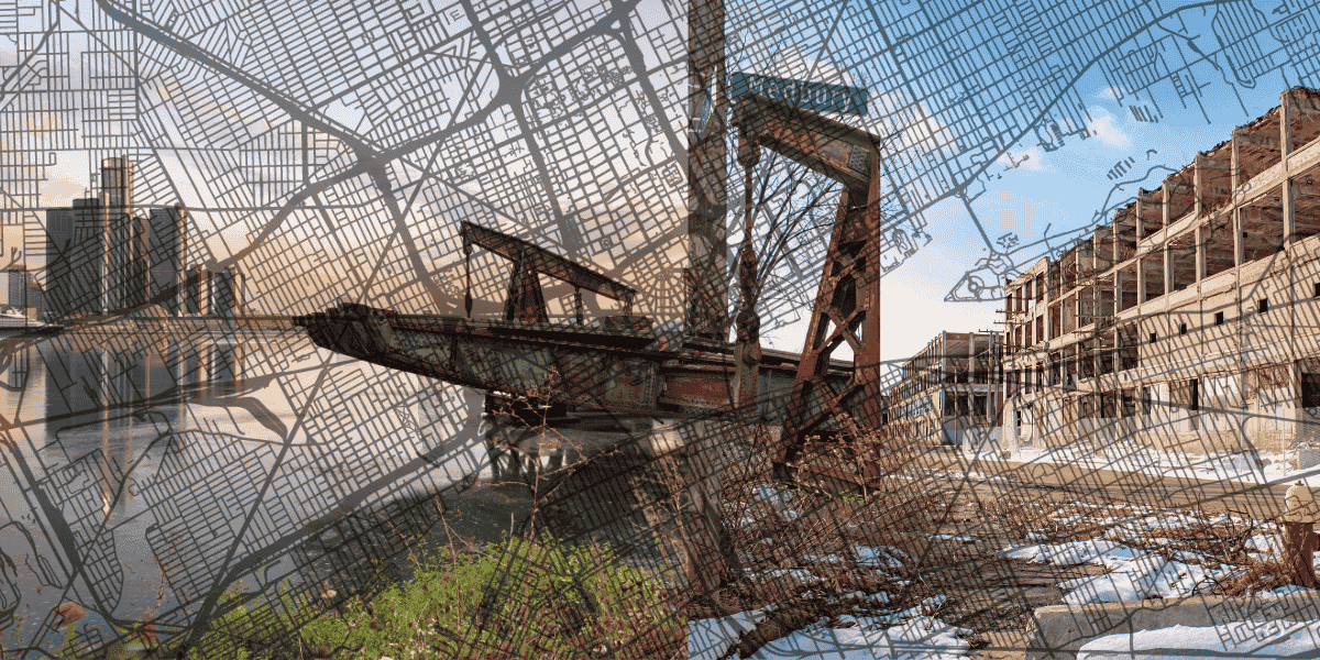 Ligne d’horizon de Détroit et usine abandonnée Packard, avec le plan de la ville en superposition.