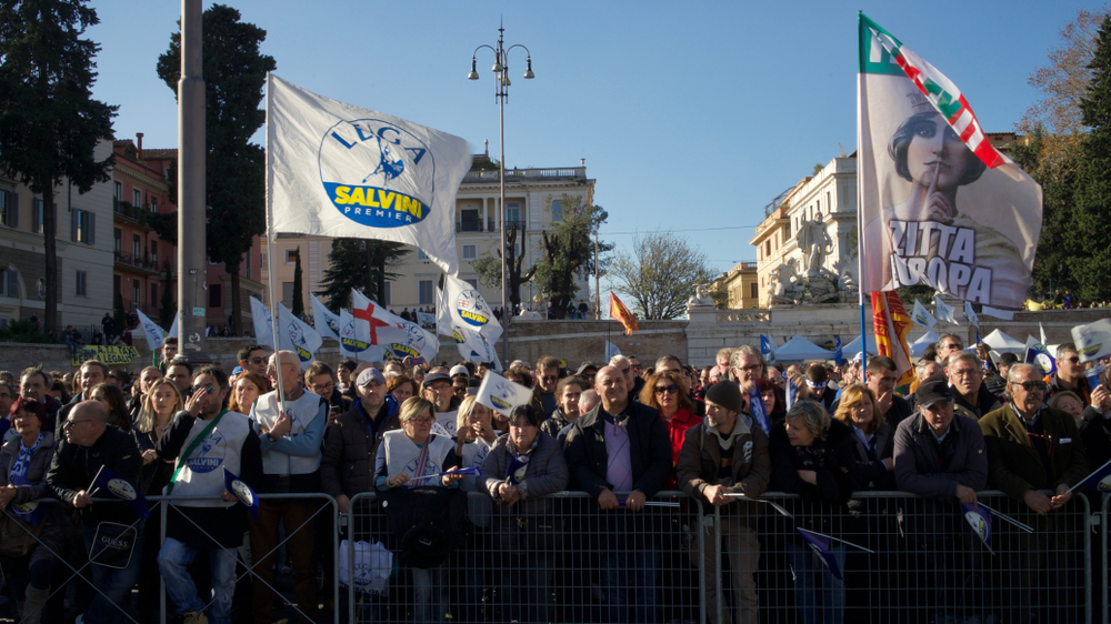 Anti EU sign during Matteo Salvini's speech. By K Abejuela Shuterstock