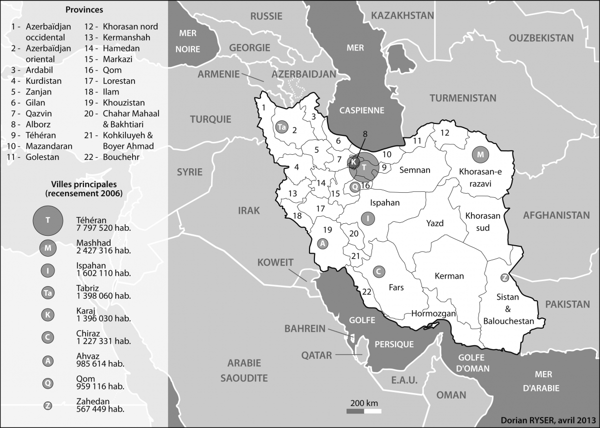 Carte des provinces et des principales villes d'Iran
