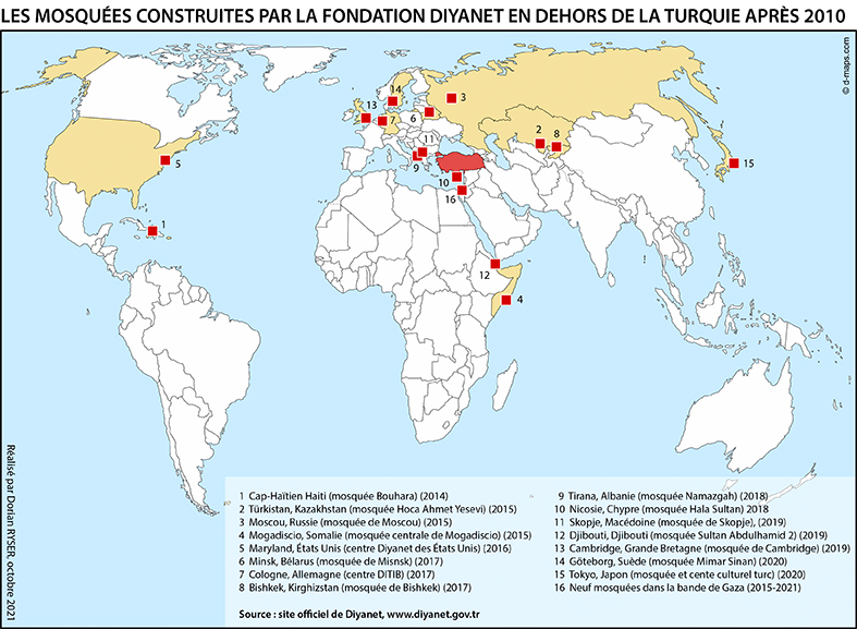 Carte - Les mosquées construites par la fondation Diyanet en dehors de la Turquie après 2010